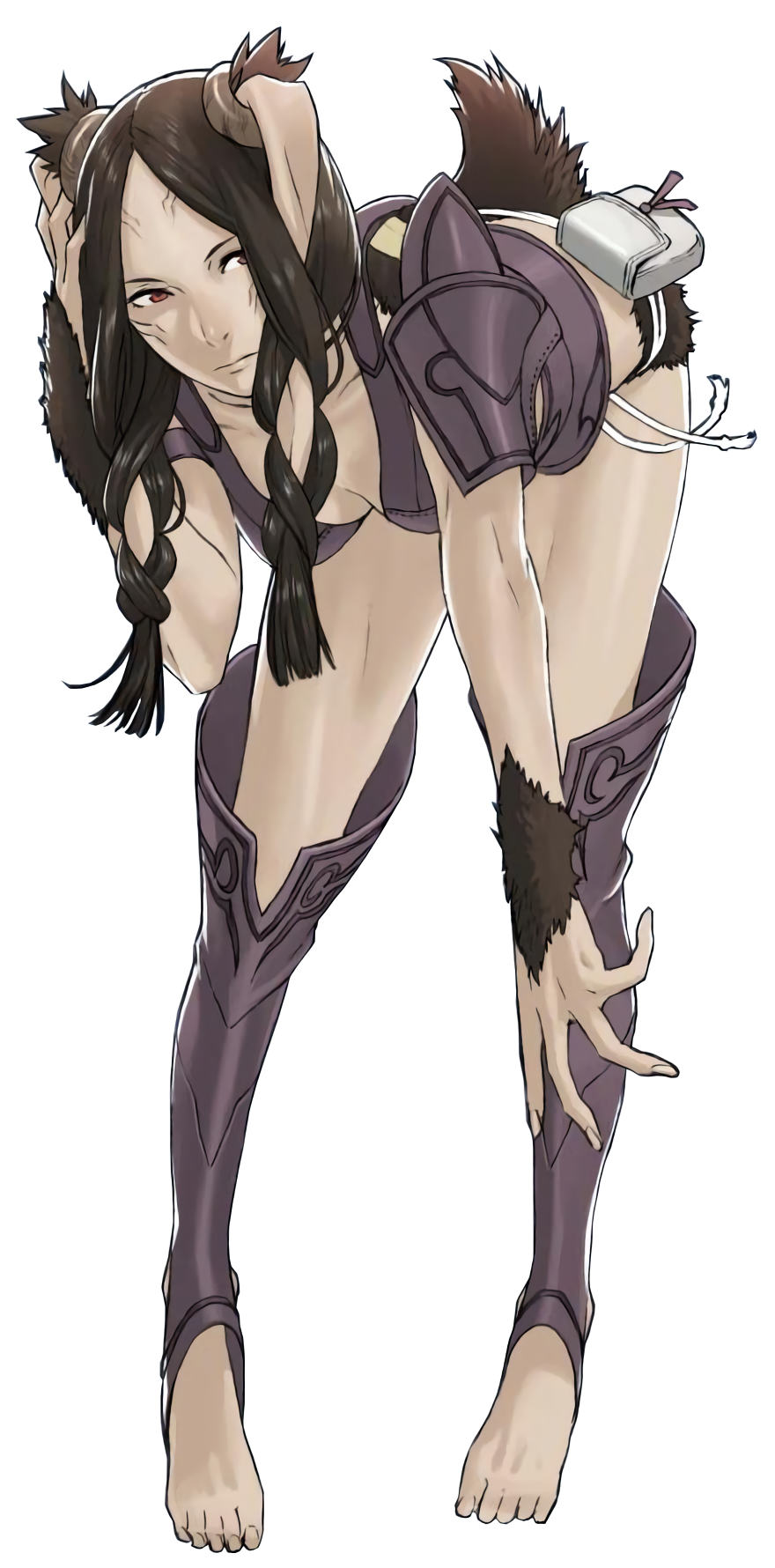 animal_ears armor bent_over boots braid breasts brown_fur brown_hair bunny_ears bunny_tail cleavage collarbone facial_mark fire_emblem fire_emblem:_kakusei fur hand_on_own_head highres knee_boots long_hair medium_breasts official_art pouch red_eyes standing string_belt taguel tail thighs toeless_legwear twin_braids velvet_(fire_emblem)