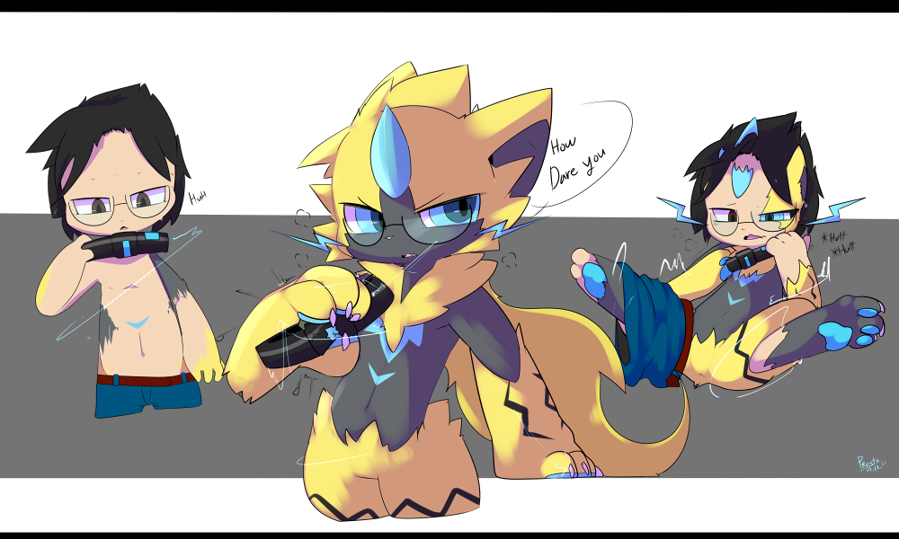 angry anthro big_hands black_fur black_hair blue_eyes blue_fur brown_eyes claws english_text fur glassess hair male open_mouth pawpads paws pok&eacute;mon_(species) presto_(artist) simple_background sitting standing teeth text transformation yellow_fur zeraora