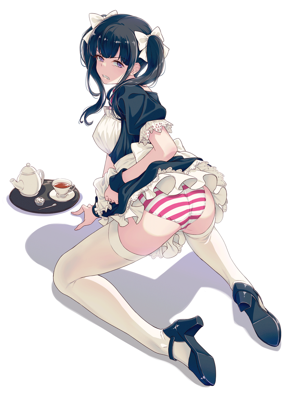 40hara apron ass black_hair bow commentary_request cup disgust dress gesugao hair_bow highres kneeling maid maid_apron original panties purple_eyes solo striped striped_panties teacup teapot thighhighs tray twintails underwear white_legwear wristband