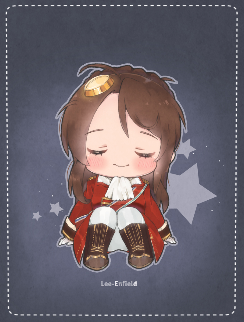ascot blush boots brown_footwear brown_hair character_name chibi closed_eyes closed_mouth facing_viewer foreign_blue girls_frontline gloves hair_ornament jacket knee_boots lee-enfield_(girls_frontline) long_hair long_sleeves military_jacket pants red_jacket sitting smile solo star white_gloves white_neckwear white_pants