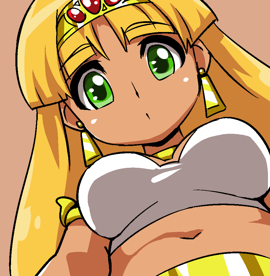 blonde_hair breasts brown_background claire_(hihouden) dark_skin earrings eyebrows eyebrows_visible_through_hair from_below gem green_eyes hairband hihouden hiru_made_ne-tarou jewelry long_hair looking_at_viewer medium_breasts midriff navel neck_ring simple_background solo stomach yellow_hairband