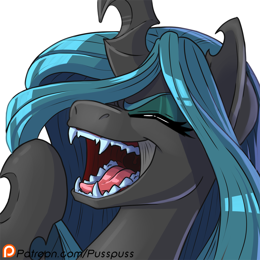 2017 alpha_channel blue_hair changeling digital_media_(artwork) eyes_closed fangs female friendship_is_magic hair headshot_portrait hole_(anatomy) hooves horn laugh long_hair my_little_pony open_mouth portrait pusspuss queen_chrysalis_(mlp) reaction_image simple_background solo teeth tongue transparent_background