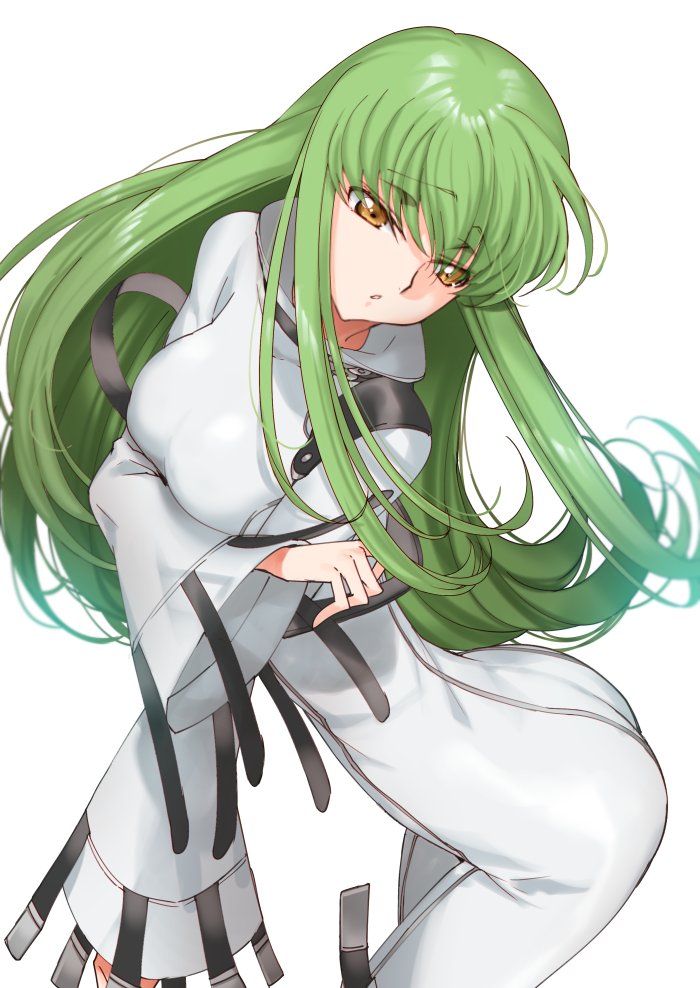 ass back bangs breasts brown_eyes c.c. code_geass creayus green_hair long_hair medium_breasts parted_lips simple_background solo straitjacket white_background