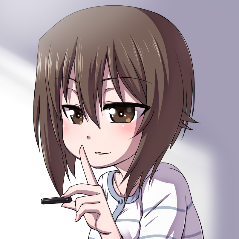 bangs brown_eyes brown_hair casual commentary_request eyebrows_visible_through_hair girls_und_panzer hanya_(hanya_yashiki) holding light_smile long_sleeves looking_at_viewer nishizumi_maho parted_lips portrait shirt short_hair solo striped striped_shirt white_shirt