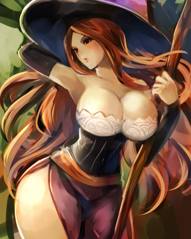 bare_shoulders breasts brown_eyes cleavage detached_sleeves dragon's_crown dress hat kobanzame large_breasts long_hair looking_to_the_side red_hair side_slit sleeves solo sorceress_(dragon's_crown) staff strapless strapless_dress thick_thighs thighs witch witch_hat