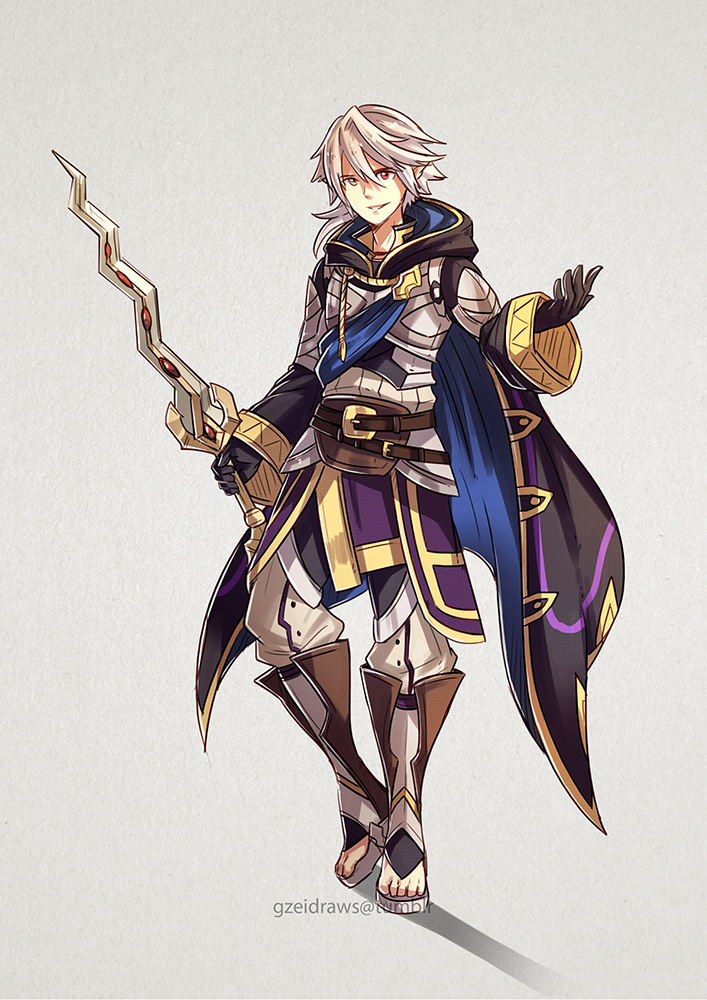 armor cloak elbow_gloves european_clothes fire_emblem fire_emblem:_kakusei fire_emblem_if fusion gloves grey_background holding holding_sword holding_weapon male_my_unit_(fire_emblem:_kakusei) male_my_unit_(fire_emblem_if) my_unit_(fire_emblem:_kakusei) my_unit_(fire_emblem_if) pointy_ears ponytail red_eyes simple_background sword weapon white_hair