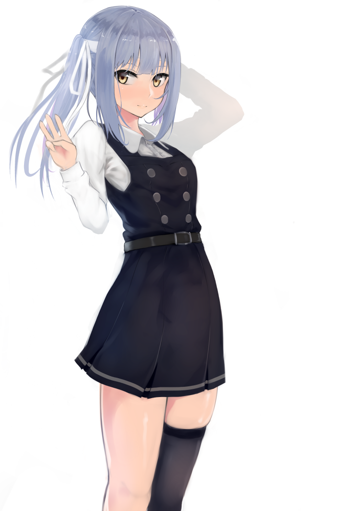 arm_behind_head arm_up bad_id bad_pixiv_id belt belt_buckle black_dress black_legwear blush buckle closed_mouth collared_shirt double-breasted dress hair_ribbon hand_up kantai_collection kasumi_(kantai_collection) long_hair long_sleeves looking_at_viewer miyako_(miyako_lplover) pinafore_dress ponytail remodel_(kantai_collection) ribbon shiny shiny_hair shiny_skin shirt sidelocks simple_background single_thighhigh skindentation smile solo standing thighhighs w white_background white_ribbon wing_collar yellow_eyes