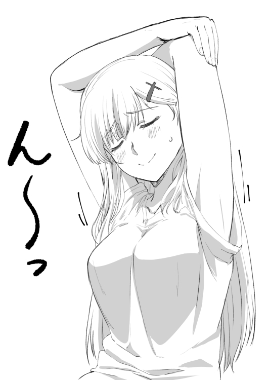 armpits blush closed_eyes commentary_request eyebrows_visible_through_hair hair_ornament hairclip ishii_hisao kantai_collection long_hair monochrome shirt short_sleeves simple_background solo suzuya_(kantai_collection) white_background
