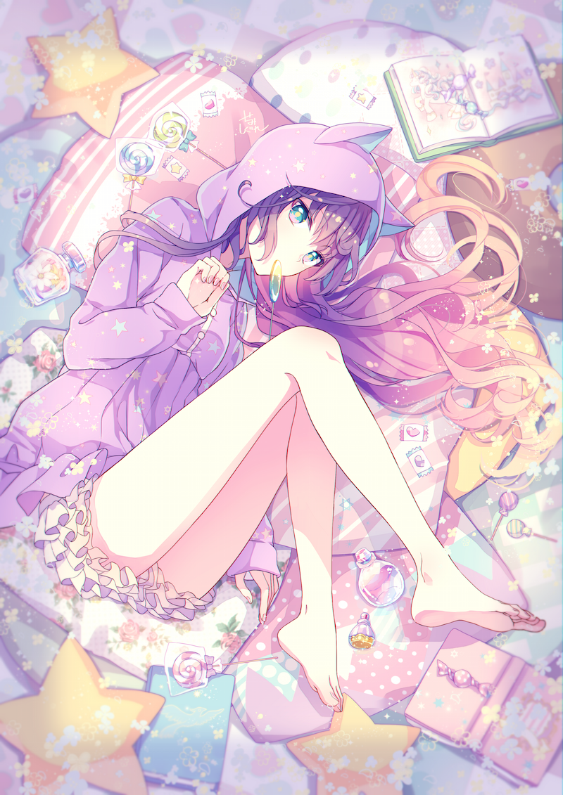 animal_ears animal_hood bangs bare_legs barefoot book brown_hair candy cat_ears cat_hood commentary_request eyebrows_visible_through_hair food frilled_shorts frills goma_(11zihisin) gradient_hair green_eyes hair_between_eyes hood hood_up hoodie lollipop long_hair lying multicolored_hair on_side open_book original pillow purple_hair purple_hoodie short_shorts shorts solo swirl_lollipop very_long_hair white_shorts