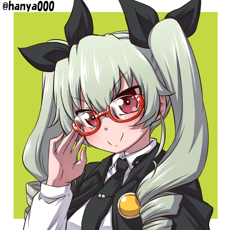 adjusting_eyewear anchovy anzio_school_uniform bangs black_cape black_neckwear black_ribbon cape closed_mouth dress_shirt drill_hair eyebrows_visible_through_hair girls_und_panzer glasses green_background green_hair hair_ribbon hanya_(hanya_yashiki) long_hair long_sleeves looking_at_viewer necktie outside_border red-framed_eyewear red_eyes ribbon school_uniform semi-rimless_eyewear shirt smile solo twin_drills twintails twitter_username under-rim_eyewear upper_body v-shaped_eyebrows white_shirt