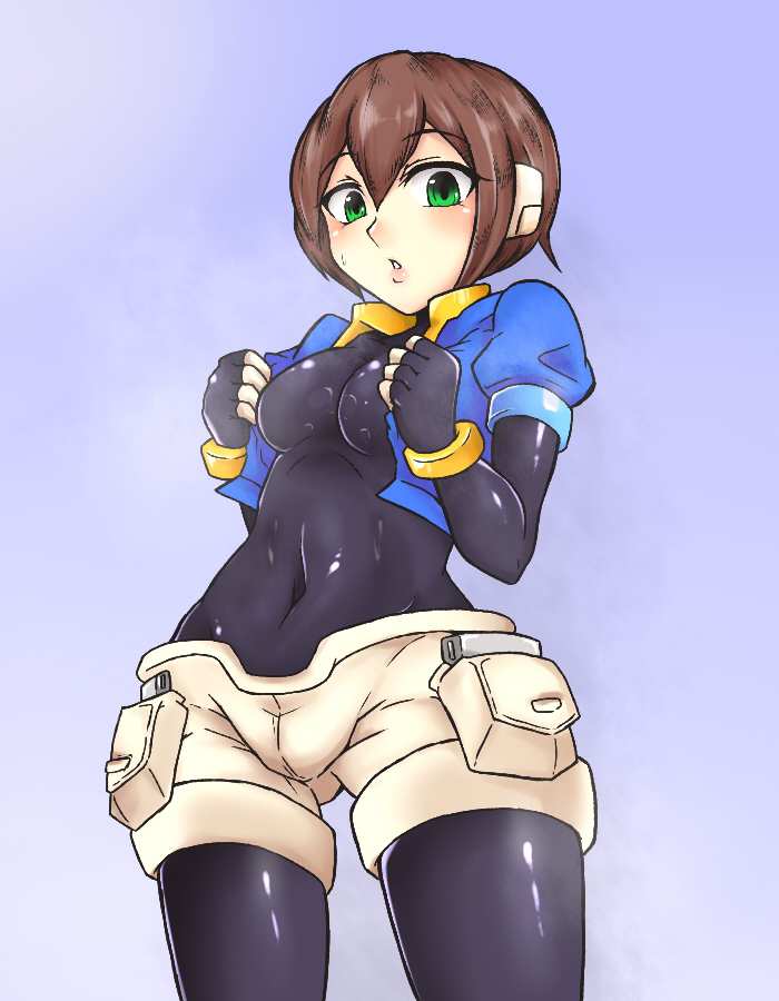 aile beruzumi-m bodysuit breasts brown_hair commentary_request covered_navel gloves green_eyes looking_at_viewer medium_breasts rockman rockman_zx short_hair solo spandex
