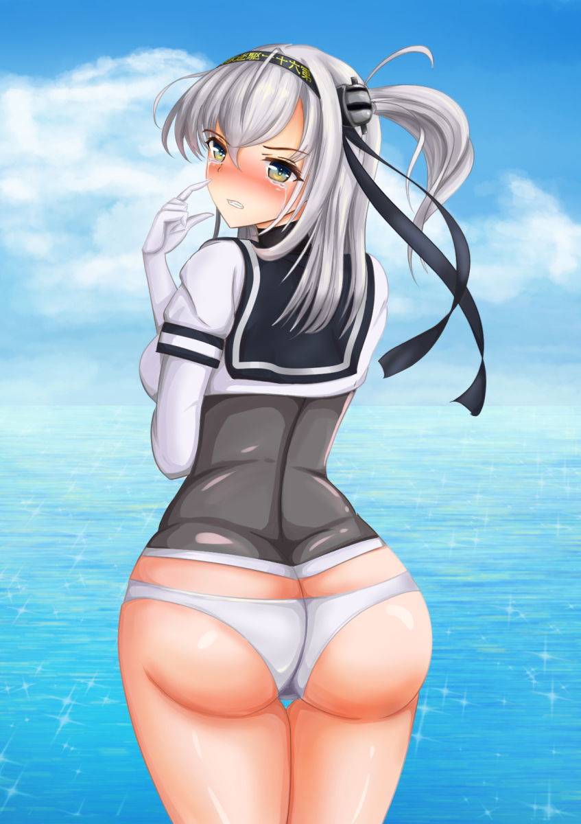 1girl artist_request ass backboob blush breasts butt_crack character_request clenched_teeth elbow_gloves from_behind gloves green_eyes hair_ribbon hairband kantai_collection large_breasts long_hair looking_at_viewer looking_back panties shiny shiny_clothes shiny_hair shiny_skin side_ponytail silver_hair solo tears underwear wide_hips