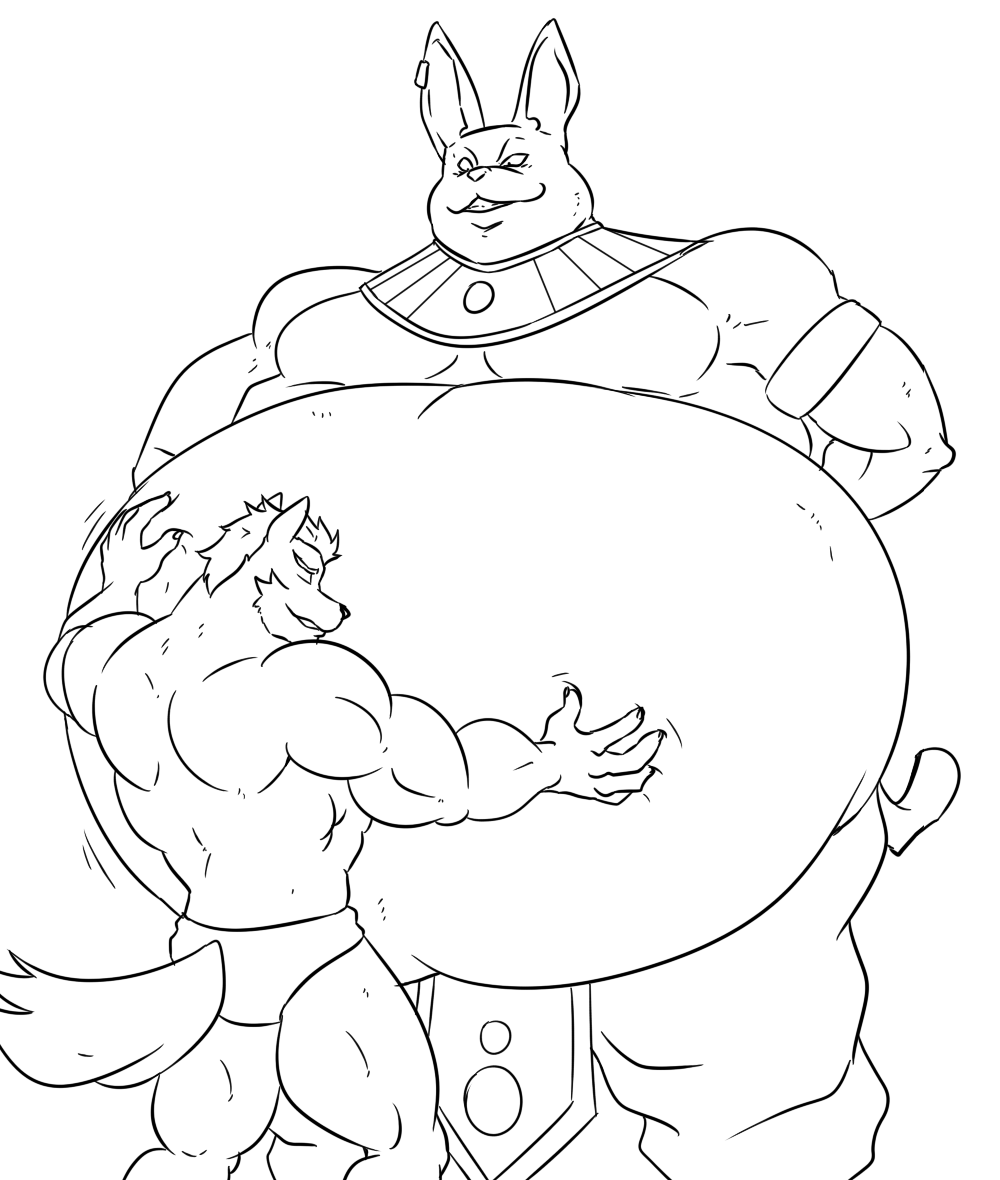 anthro belly belly_worship big_belly champa dragon_ball dragon_ball_super hyper hyper_belly larger_male male male/male overweight overweight_male piercing reagan700 simple_background size_difference