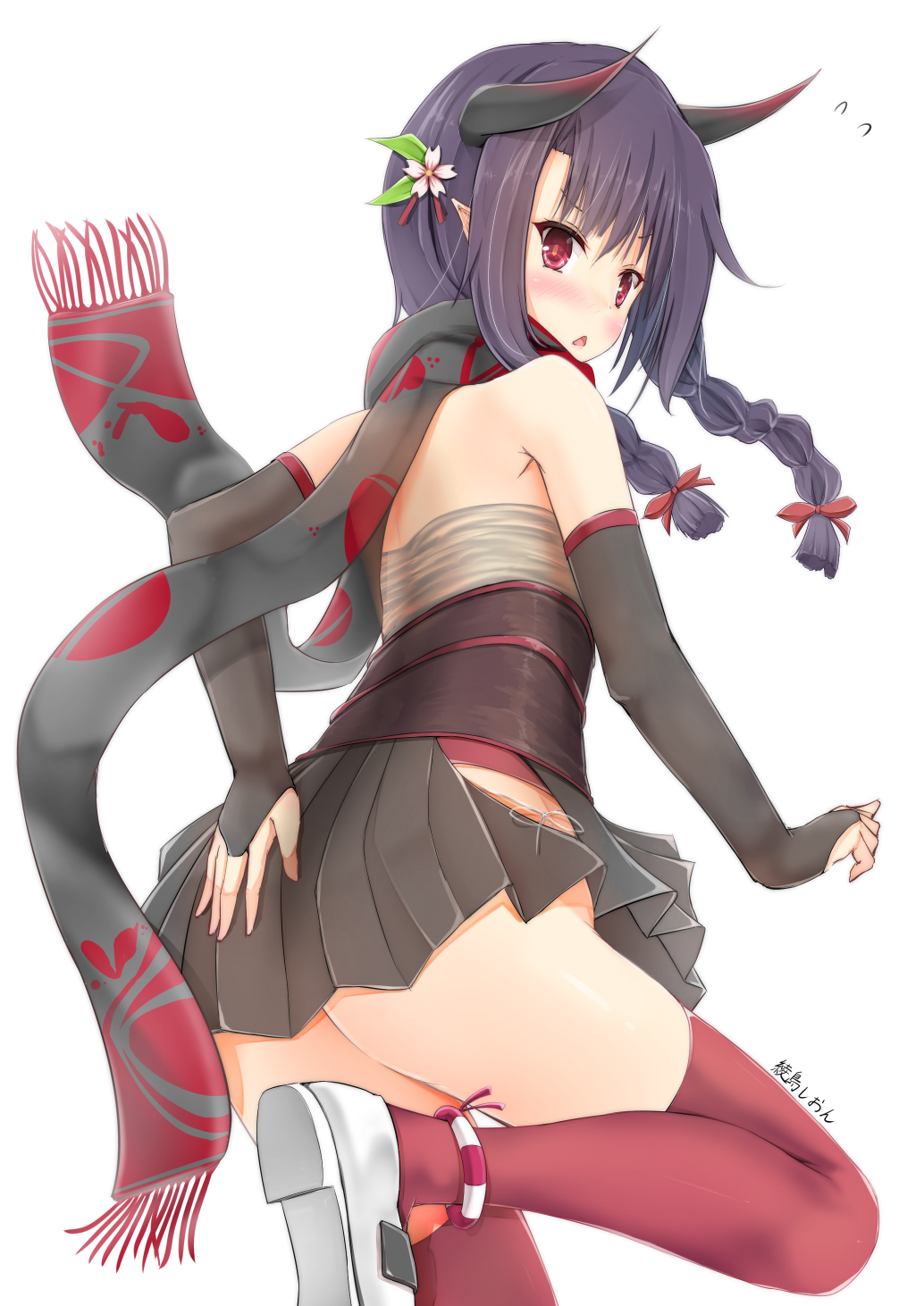 ass azur_lane bangs bare_back bare_shoulders black_skirt blush braid bridal_gauntlets commentary_request eyebrows_visible_through_hair flower flying_sweatdrops fringe_trim grey_scarf hair_between_eyes hair_flower hair_ornament highres horns kuroshio_(azur_lane) low_twintails maru_shion nose_blush parted_lips pink_flower pleated_skirt print_scarf purple_hair red_eyes red_legwear scarf shoes sidelocks simple_background skirt solo standing standing_on_one_leg thighhighs translation_request twin_braids twintails white_background white_footwear