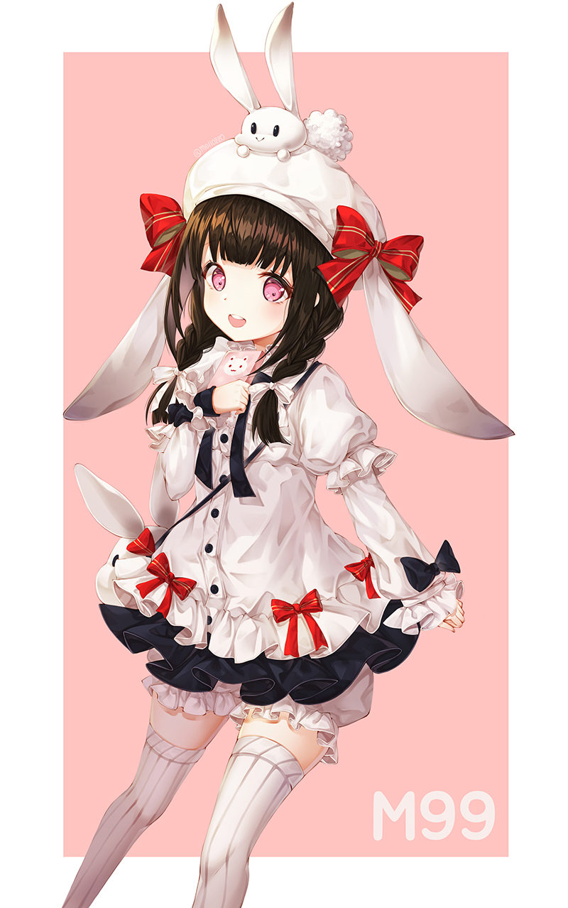 :&gt; :d animal animal_bag animal_ears animal_hat animal_on_head bad_id bad_pixiv_id bag bangs black_bow black_skirt bloomers blunt_bangs border bow braid brown_hair bunny bunny_ears bunny_hat buttons character_name ears_down eyebrows_visible_through_hair girls_frontline hair_bow hair_over_shoulder hand_up hat hat_bow highres holding holding_phone long_hair long_sleeves looking_at_viewer low_twintails m99_(girls_frontline) mellozzo on_head open_mouth outside_border phone pink_background pink_eyes pom_pom_(clothes) puffy_short_sleeves puffy_sleeves red_bow ribbed_legwear round_teeth shiny shiny_hair shirt short_over_long_sleeves short_sleeves shoulder_bag sidelocks skirt smile solo standing striped striped_bow striped_legwear teeth thighhighs twin_braids twintails twitter_username underwear vertical-striped_legwear vertical_stripes white_bloomers white_border white_bow white_hat white_legwear white_shirt zettai_ryouiki