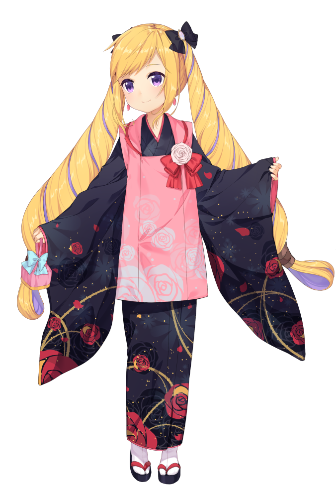 bag bangs black_footwear black_kimono blonde_hair blue_bow blush bow closed_mouth earrings elise_(fire_emblem_if) fire_emblem fire_emblem_if floral_print flower full_body gem geta hair_bow hifu holding holding_bag japanese_clothes jewelry kimono long_hair long_sleeves looking_at_viewer multicolored_hair pink_flower pink_rose print_kimono purple_eyes purple_hair red_bow rose rose_print shiny shiny_hair simple_background sleeves_past_wrists smile solo standing swept_bangs tabi transistor two-tone_hair very_long_hair white_background white_legwear wide_sleeves