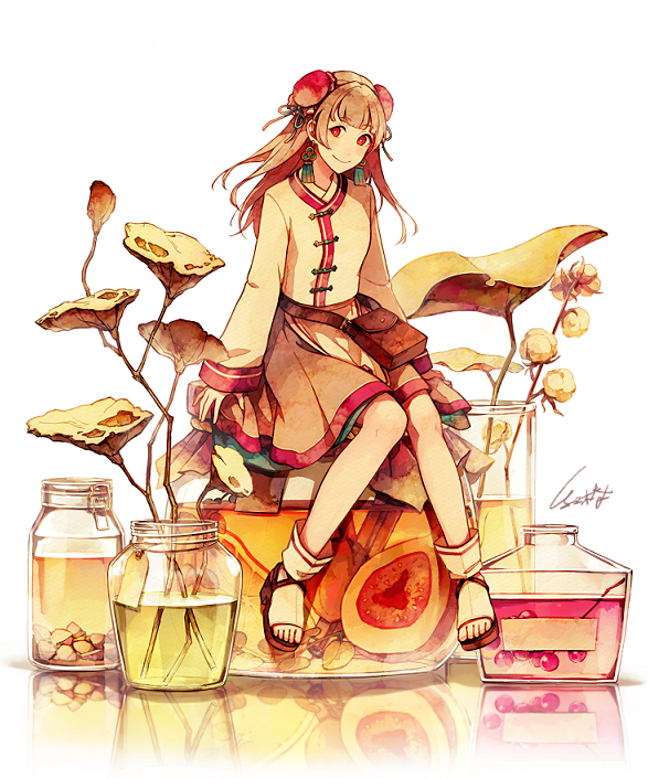 akagi_shun arms_at_sides bangs blunt_bangs blush bright_pupils brown_skirt bun_cover chinese_clothes closed_mouth commentary earrings eyebrows_visible_through_hair food fruit full_body green_ribbon jar jewelry layered_skirt liquid long_hair long_sleeves looking_at_viewer medium_skirt original pouch red_eyes reflection ribbon sandals simple_background sitting skirt sleeves_past_wrists smile socks solo tareme toeless_legwear toes toggles white_background white_legwear