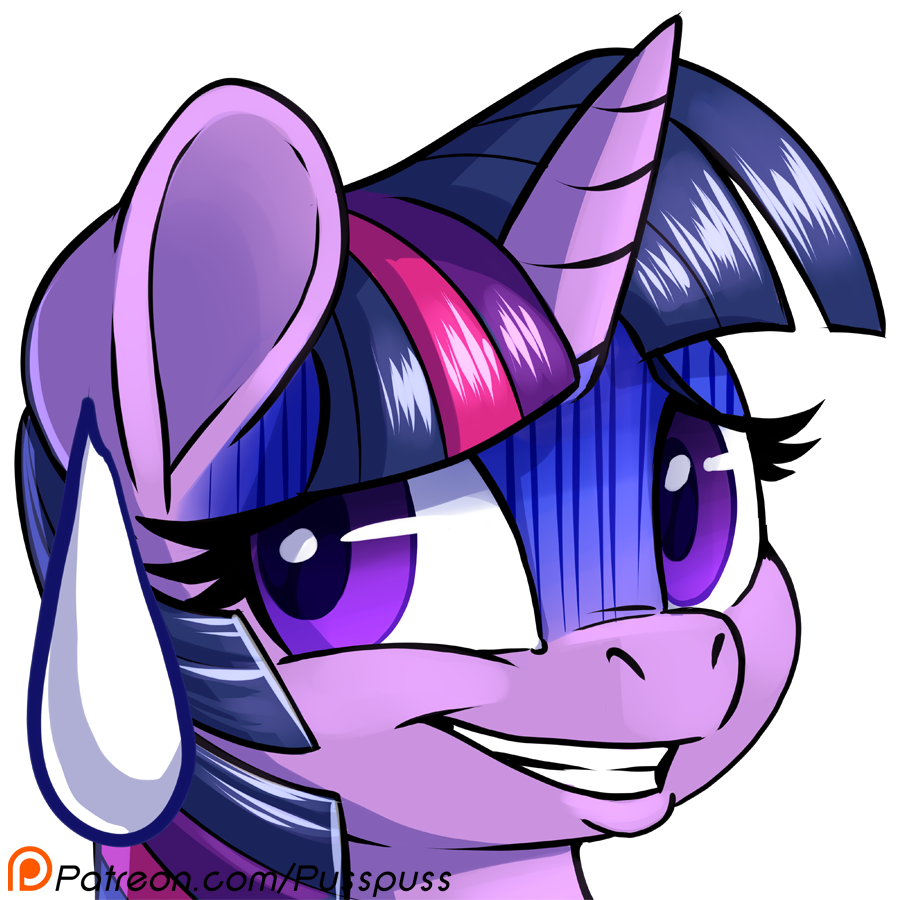 2017 alpha_channel digital_media_(artwork) equine eyelashes female friendship_is_magic grin hair headshot_portrait horn mammal multicolored_hair my_little_pony patreon portrait purple_eyes pusspuss reaction_image simple_background smile solo sweat sweatdrop transparent_background twilight_sparkle_(mlp) unicorn