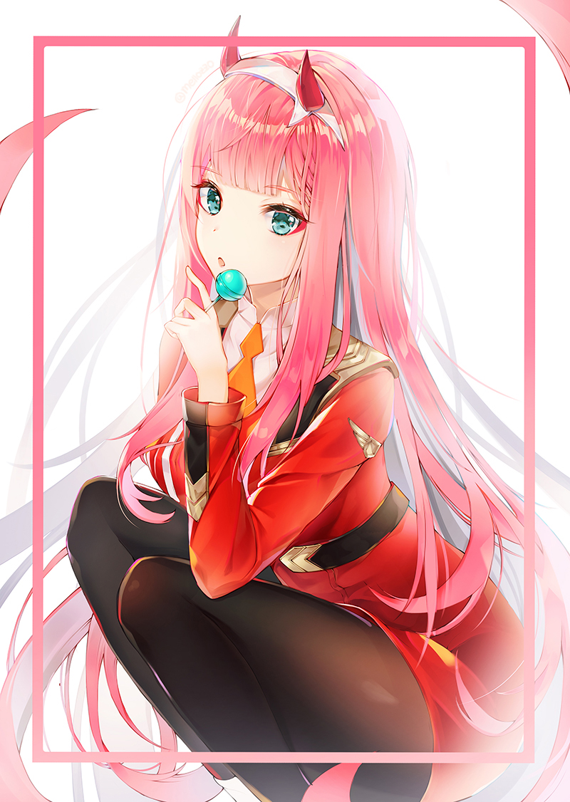 :o bad_id bad_pixiv_id bangs between_fingers black_legwear blunt_bangs breasts candy darling_in_the_franxx eyebrows_visible_through_hair eyeliner fake_horns food frame green_eyes hairband holding_lollipop jacket lollipop long_hair long_sleeves looking_at_viewer makeup medium_breasts mellozzo military military_uniform necktie orange_neckwear pantyhose pink_hair red_jacket shiny shiny_hair shirt sidelocks simple_background solo squatting straight_hair uniform very_long_hair white_background white_footwear white_hairband white_shirt zero_two_(darling_in_the_franxx)
