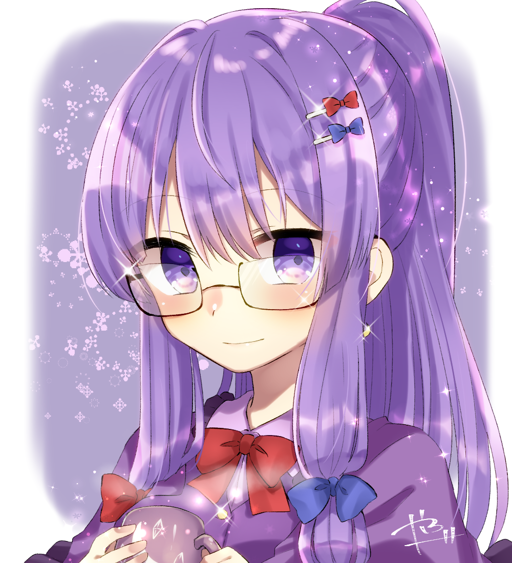 abe_suke alternate_hairstyle bangs bespectacled blue_bow blush bow bowtie closed_mouth cup eyebrows_visible_through_hair glasses hair_bow holding long_hair looking_at_viewer patchouli_knowledge ponytail purple_eyes purple_hair red_bow red_neckwear semi-rimless_eyewear sidelocks signature solo sparkle touhou under-rim_eyewear upper_body