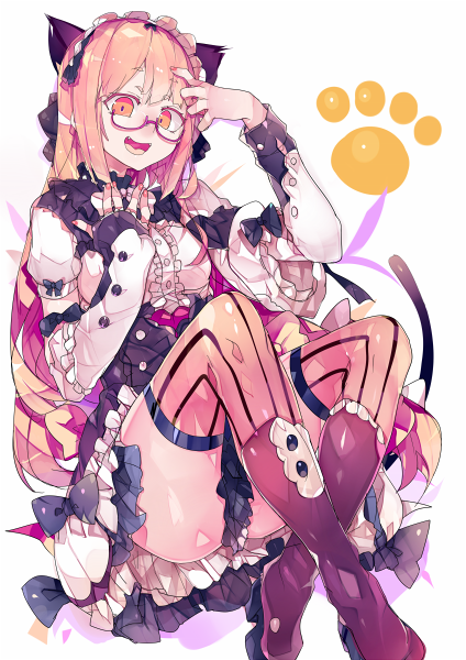 :d animal_ears arm_up asymmetrical_sleeves bangs black_bow black_footwear boots bow breasts buttons cat_ears cat_girl cat_tail center_frills character_request colored_eyelashes commentary_request constricted_pupils crossed_ankles detached_sleeves dress eyebrows_visible_through_hair fangs frilled_dress frilled_shirt_collar frills glasses gothic_lolita hand_on_forehead hand_up high_heel_boots high_heels kiyoichi_(acacia_soukyoukai) knee_boots knees_up layered_dress lolita_fashion long_hair long_sleeves looking_at_viewer medium_breasts nail_polish open_mouth orange_eyes orange_hair original paw_print puffy_short_sleeves puffy_sleeves raised_eyebrows semi-rimless_eyewear short_dress short_eyebrows short_sleeves simple_background smile solo striped striped_legwear tail thick_eyebrows thighhighs under-rim_eyewear underbust vertical-striped_legwear vertical_stripes very_long_hair white_background