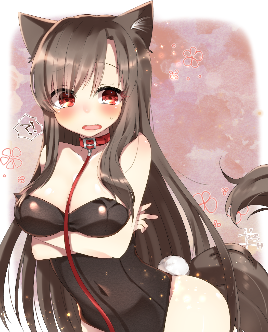 1girl abe_suke alternate_costume animal_ears bangs blush breasts brown_hair bunny_tail bunnysuit cleavage commentary_request covered_nipples cowboy_shot crossed_arms eyebrows_visible_through_hair fake_tail highres imaizumi_kagerou long_hair looking_at_viewer medium_breasts open_mouth red_eyes sidelocks signature solo tail touhou very_long_hair wolf_ears wolf_tail