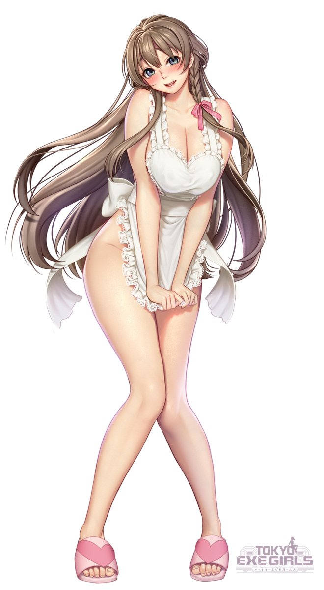 apron bangs bare_legs bare_shoulders blush bow braid breasts brown_hair cleavage collarbone commentary_request eyebrows_visible_through_hair frills full_body grey_eyes hair_bow head_tilt highres large_breasts logo long_hair looking_at_viewer masami_chie naked_apron no_panties official_art open_mouth open_toe_shoes sandals simple_background smile solo standing tokyo_exe_girls white_background