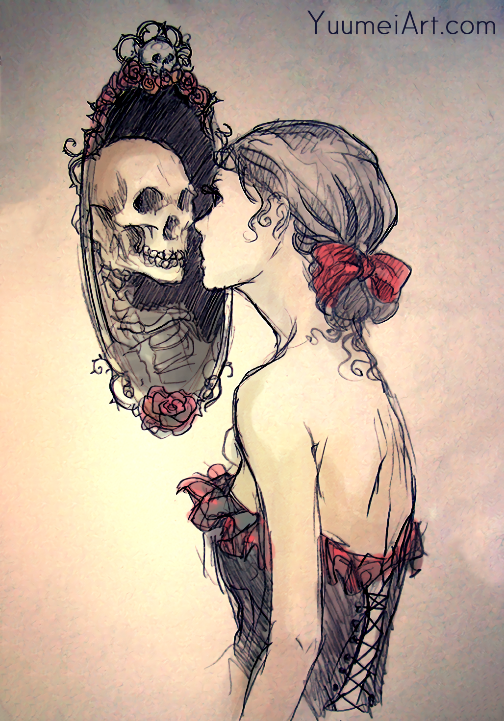 bare_shoulders black_hair bow commentary corset different_reflection from_behind hair_bow highres mirror original reflection short_hair shoulder_blades skeleton sketch skull solo standing watermark web_address wenqing_yan