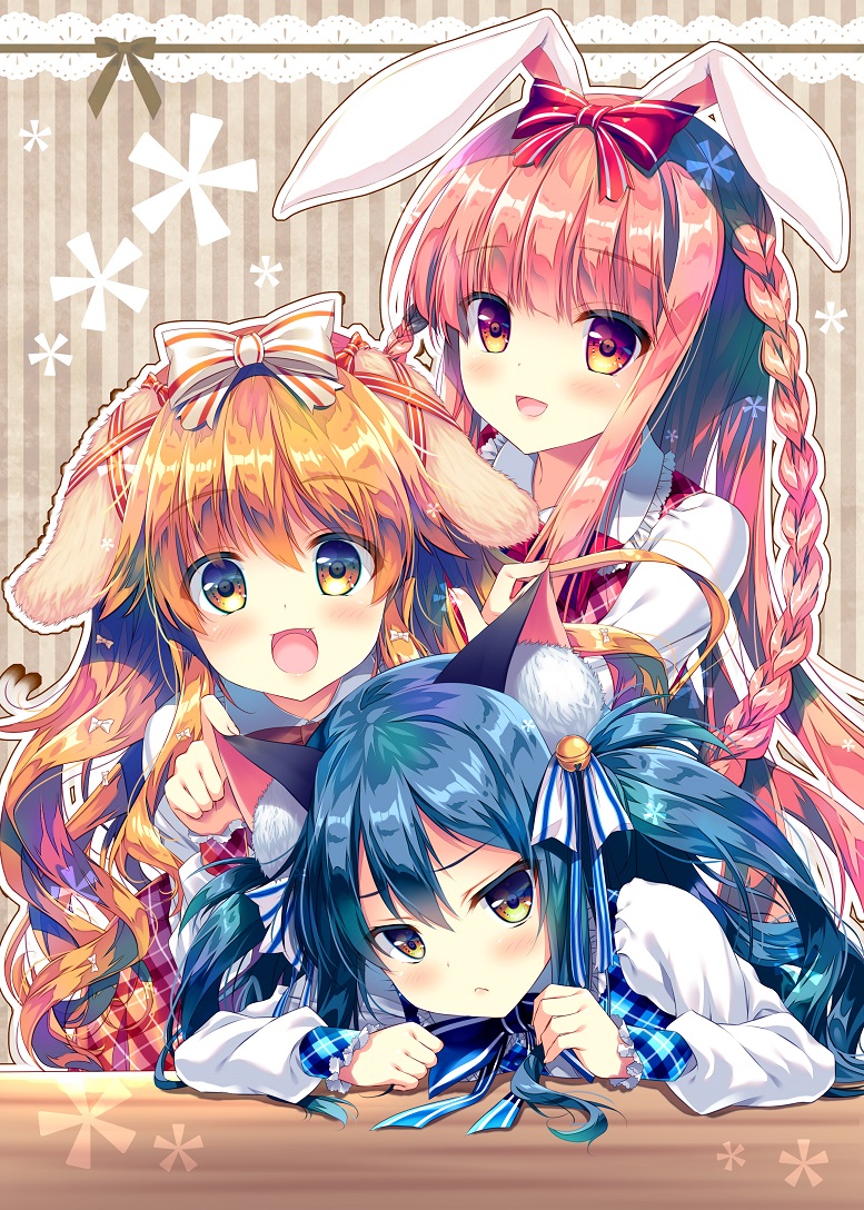 :d animal_ears bangs bell blue_hair blush bow braid brown_eyes brown_hair bunny_ears cat_ears closed_mouth collared_shirt commentary_request dog_ears eyebrows_visible_through_hair fang fingernails hair_bell hair_between_eyes hair_bow hair_ornament jingle_bell long_hair long_sleeves looking_at_viewer mizuki_yuuma multiple_girls open_mouth original partial_commentary pink_hair plaid plaid_vest red_bow red_vest shirt smile striped striped_background striped_bow twin_braids two_side_up vertical-striped_background vertical_stripes very_long_hair vest white_bow white_shirt