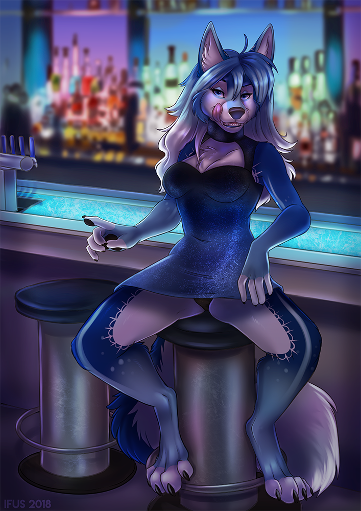 2018 anthro bar barefoot biped black_bottomwear black_clothing black_pawpads blue_body blue_bottomwear blue_eyes blue_fur blue_hair blue_topwear blurred_background breasts canine claws clothed clothing detailed_background digital_media_(artwork) digitigrade dress eyelashes female fingerless_(marking) fox front_view fully_clothed fur hair ifus inside licking licking_lips long_hair looking_at_viewer mammal multicolored_body multicolored_fur multicolored_hair panties pawpads paws pointing saphayla_(zelianda) seductive shaded short_dress signature sitting soft_shading solo spread_legs spreading toe_claws tongue tongue_out underwear upskirt white_body white_fur white_hair