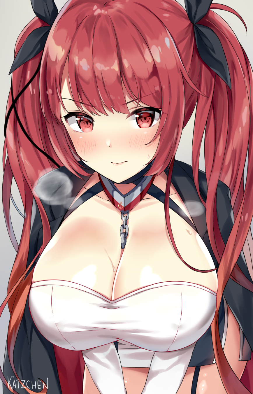 artist_name azur_lane bangs black_bow black_jacket blush bow breasts chain cleavage closed_mouth collarbone commentary_request dress eyebrows_visible_through_hair grey_background hair_bow heavy_breathing highres honolulu_(azur_lane) jacket jacket_on_shoulders kaetzchen large_breasts long_hair nose_blush red_eyes red_hair simple_background solo sweat twintails very_long_hair white_dress