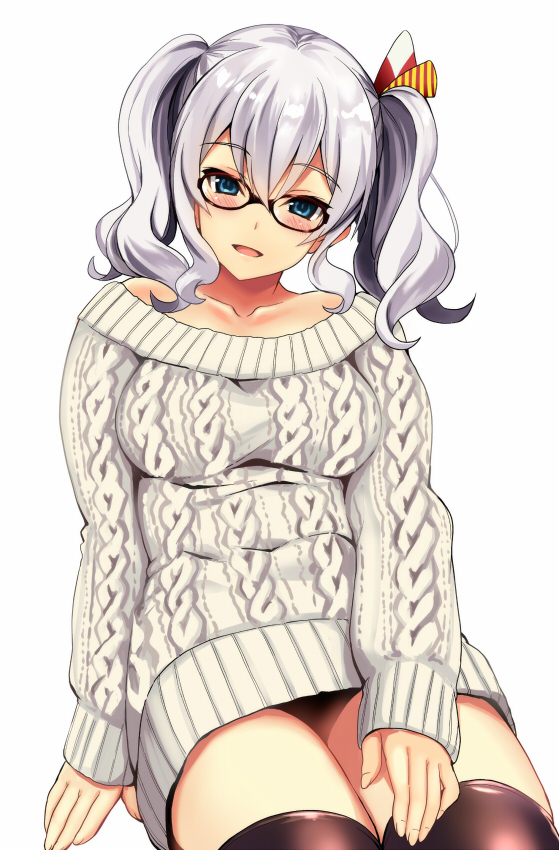 aran_sweater bangs bespectacled black-framed_eyewear black_legwear blue_eyes blush breasts collarbone eyebrows_visible_through_hair glasses hair_ornament kantai_collection kashima_(kantai_collection) kyougoku_shin legs_together long_hair looking_at_viewer medium_breasts medium_hair open_mouth ribbed_sweater silver_hair simple_background sitting smile solo sweater thighhighs two_side_up wavy_hair white_background white_sweater