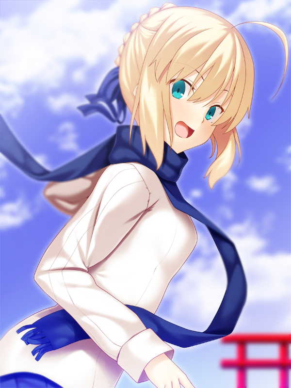 ahoge aqua_eyes artoria_pendragon_(all) blonde_hair blue_ribbon blue_scarf blue_skirt blue_sky cloud day eyebrows_visible_through_hair fate/stay_night fate_(series) hair_between_eyes hair_ribbon looking_at_viewer looking_back open_mouth outdoors pleated_skirt ribbon saber scarf sidelocks skirt sky skylader solo sweater tied_hair torii upper_body white_sweater