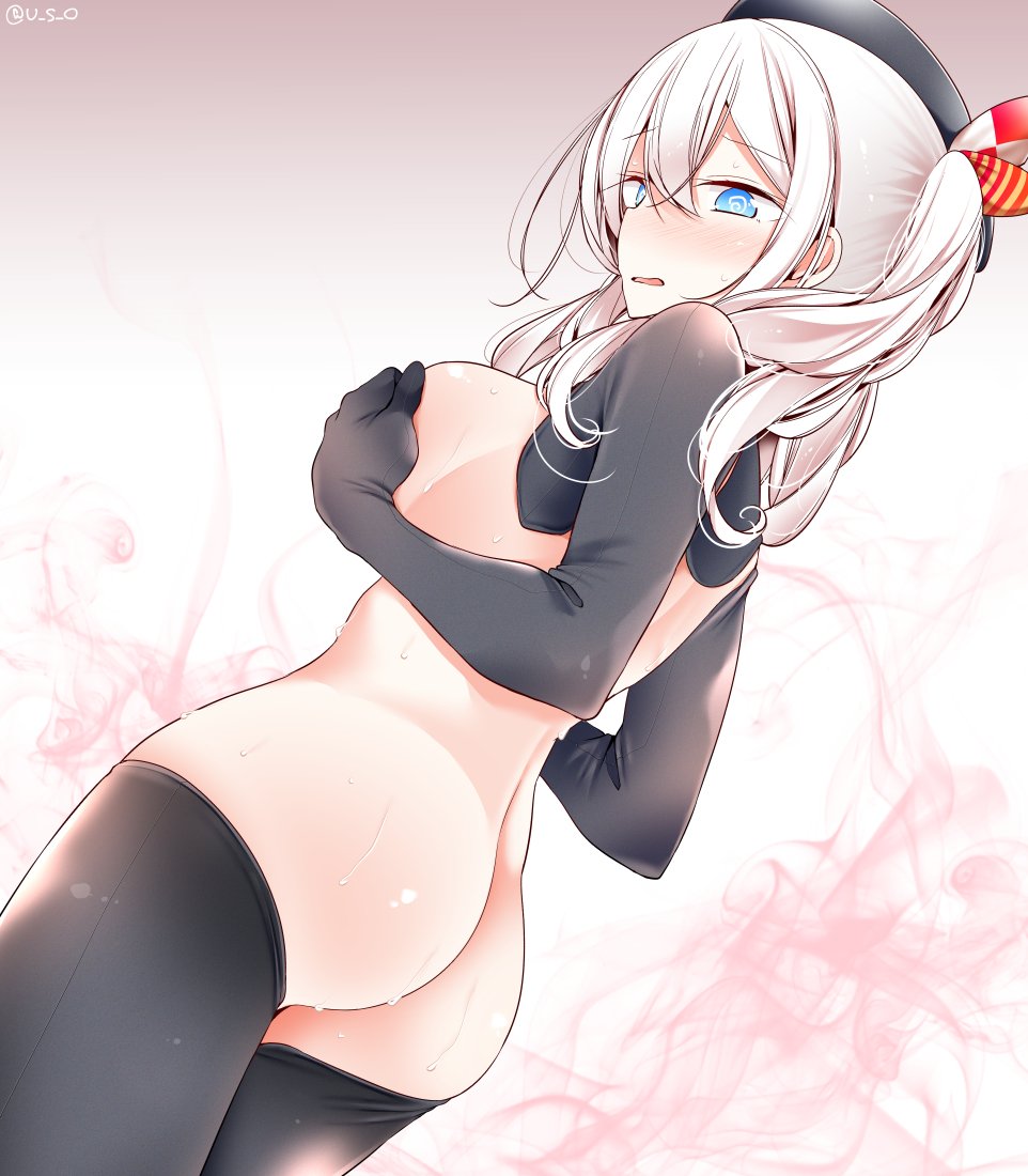 @_@ ass blue_eyes blush breasts commentary covering covering_breasts dutch_angle hair_between_eyes inverted_costume kantai_collection kashima_(kantai_collection) long_hair medium_breasts oouso shiny shiny_skin sideboob solo thighhighs twintails wavy_mouth wet white_hair