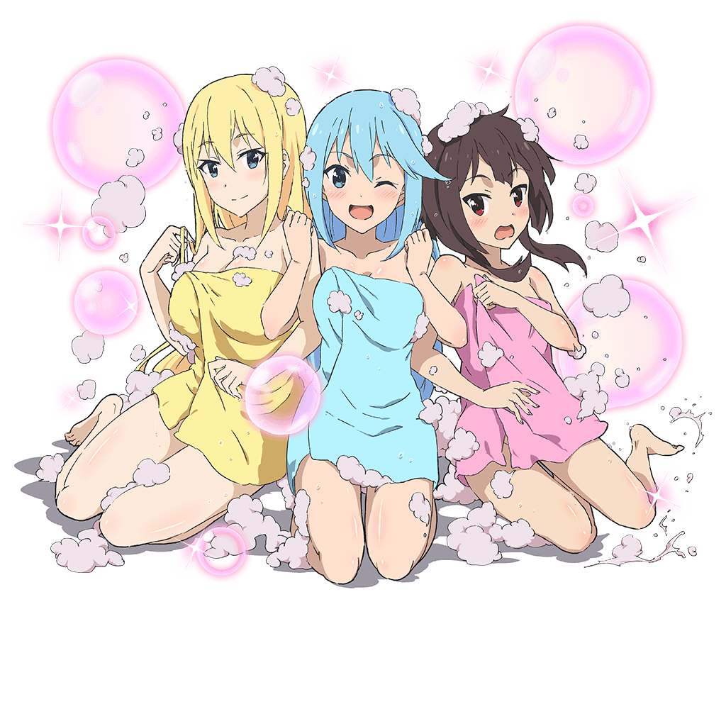 ;d aqua_(konosuba) bangs black_hair blonde_hair blue_eyes blue_hair breasts bubble cleavage collarbone darkness_(konosuba) eyebrows_visible_through_hair hair_between_eyes hair_rings hands_up kneeling kono_subarashii_sekai_ni_shukufuku_wo! large_breasts locked_arms medium_breasts megumin multiple_girls naked_towel official_art one_eye_closed open_mouth red_eyes sidelocks smile soap_bubbles sparkle towel transparent_background uchi_no_hime-sama_ga_ichiban_kawaii wet