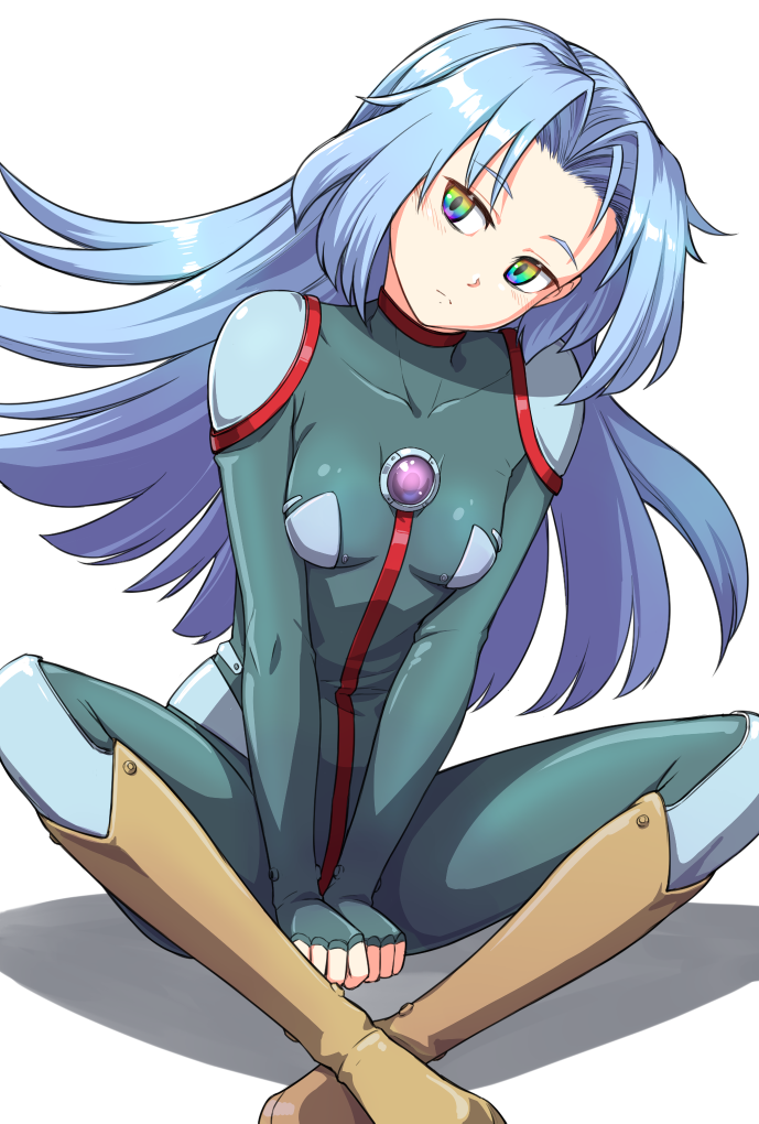 blue_hair bodysuit commentary_request covered_collarbone crossed_legs green_bodysuit hair_intakes head_tilt kneehighs long_hair looking_at_viewer maritan_(pixelmaritan) multicolored multicolored_eyes rainbow_eyes simple_background sitting solo star_breaker suguri white_background