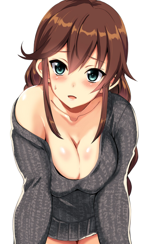 bare_shoulders blush breasts brown_hair cleavage collarbone eyebrows_visible_through_hair green_eyes kantai_collection kyougoku_shin large_breasts leaning_forward long_hair looking_at_viewer naked_sweater navel noshiro_(kantai_collection) off_shoulder open_mouth shiny shiny_skin simple_background smile solo standing sweatdrop sweater white_background