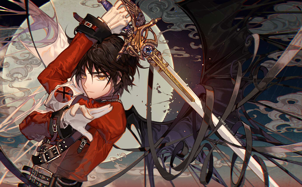 arm_up armband artist_name bangs bat_wings black_hair black_wings buckle closed_mouth cloud copyright_name full_moon glint holding holding_sword holding_weapon hug kawacy left-handed long_sleeves looking_at_viewer male_focus military military_uniform moon orange_eyes shirou_kamui smile sword uniform upper_body weapon wings x_(manga)