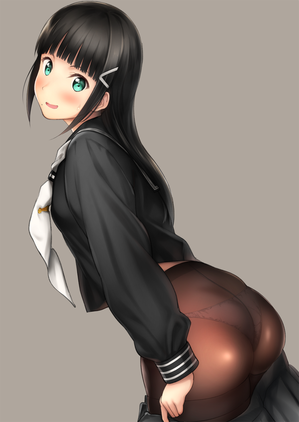 :d aqua_eyes ass bangs black_hair black_legwear black_serafuku black_shirt black_skirt blunt_bangs blush crotch_seam from_behind grey_background hair_ornament hairclip highres kurosawa_dia leaning_forward long_hair long_sleeves looking_at_viewer looking_back looking_to_the_side love_live! love_live!_sunshine!! mole mole_under_mouth neckerchief nozomi-y open_mouth panties panties_under_pantyhose pantyhose pulled_by_self school_uniform serafuku shiny shiny_hair shirt sidelocks simple_background skindentation skirt skirt_pull smile solo straight_hair sweatdrop thighband_pantyhose underwear undressing uniform uranohoshi_school_uniform white_neckwear