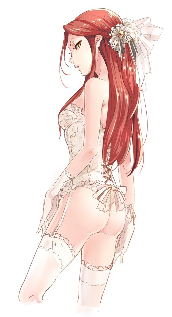 ass bow breasts commentary_request corset garter_straps gloves hair_bow idolmaster idolmaster_cinderella_girls lingerie long_hair looking_at_viewer medium_breasts null_(chronix) panties red_hair standing thighhighs thong underwear white_gloves white_panties zaizen_tokiko