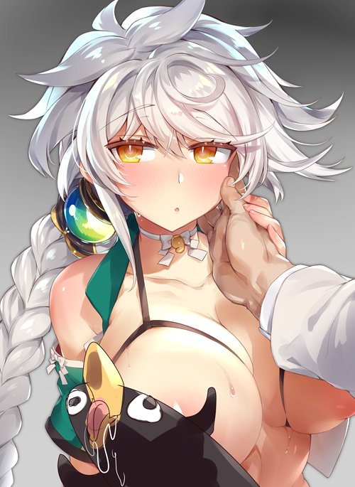 1girl areola_slip areolae asymmetrical_hair bangs bra braid breasts choker collarbone cupless_bra eyebrows_visible_through_hair failure_penguin gem gradient gradient_background grey_background hair_ornament hand_on_another's_cheek hand_on_another's_face jitome kantai_collection large_breasts long_hair looking_at_viewer magatama open_clothes open_shirt orb puffy_nipples shoulder_cutout silver_hair single_braid sweat swept_bangs underwear unryuu_(kantai_collection) very_long_hair wavy_hair yamaarashi yellow_eyes