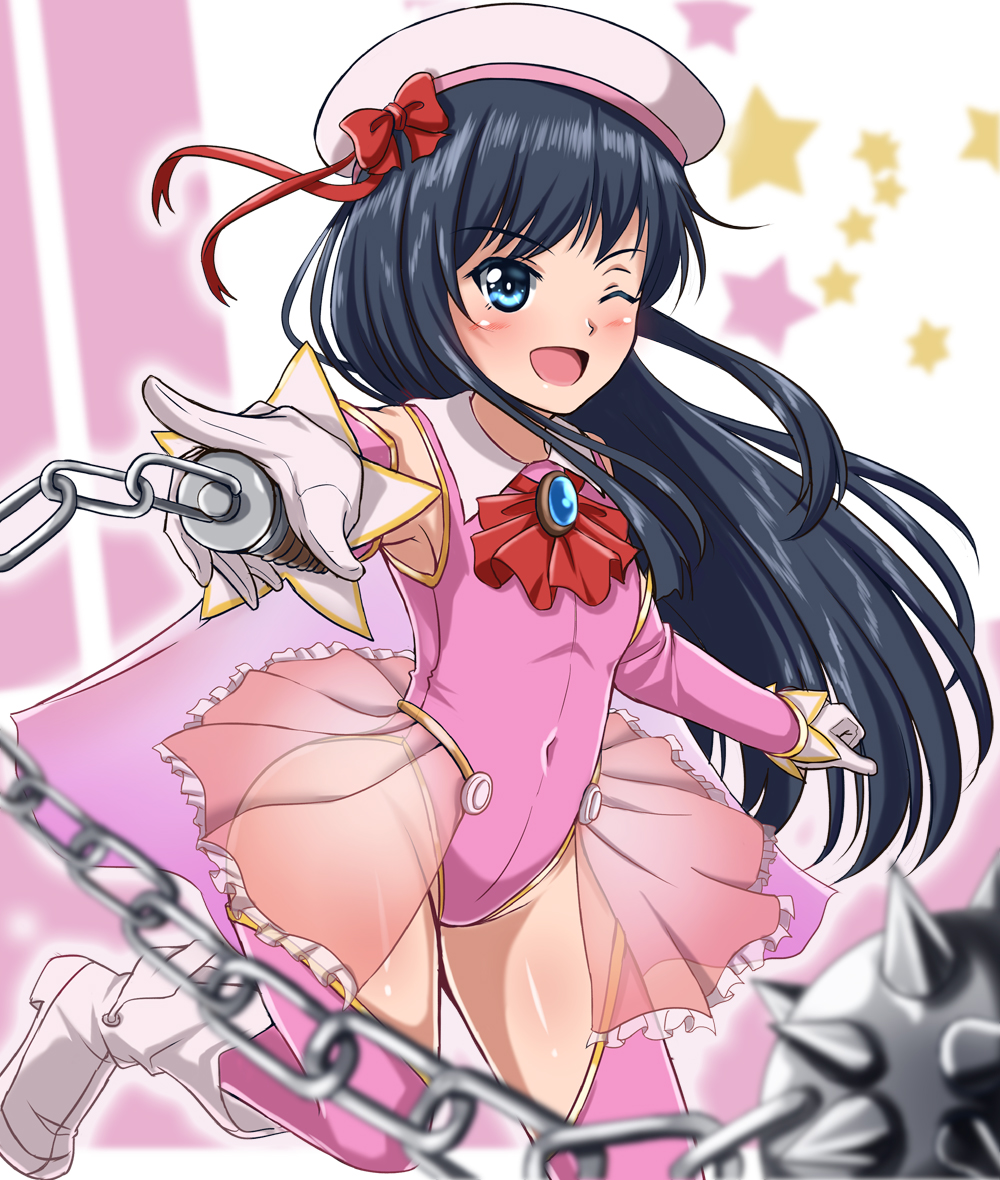;d arm_warmers armpits asashio_(kantai_collection) ball_and_chain beret black_hair blue_eyes brooch flail gloves hat jewelry kantai_collection leotard long_hair magical_girl morning_star one_eye_closed open_mouth pink_legwear pink_leotard red_ribbon ribbon showgirl_skirt smile solo spike_ball star thighhighs weapon white_footwear white_gloves zanntetu