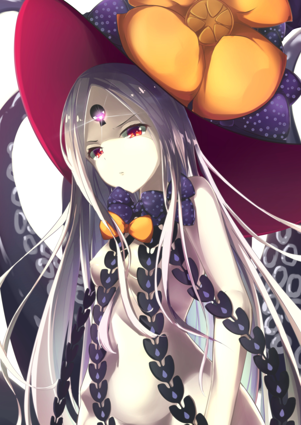 abigail_williams_(fate/grand_order) bangs black_bow black_hat bow breasts commentary_request fate/grand_order fate_(series) glowing groin hat hat_bow highres hyoketu001 long_hair looking_at_viewer nipples orange_bow pale_skin parted_bangs parted_lips polka_dot polka_dot_bow red_eyes revealing_clothes simple_background small_breasts solo suction_cups tentacles topless very_long_hair white_background white_hair witch_hat