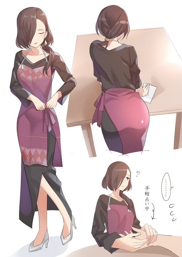 angelica_(sakura_quest) ass black_hair black_shirt black_skirt brown_eyes closed_eyes commentary_request full_body hair_over_one_eye hair_over_shoulder kitazawa_(embers) long_hair long_skirt long_sleeves low_ponytail mole mole_under_eye multiple_views official_style ponytail purple_apron sakura_quest shirt simple_background skirt solo_focus table white_background wiping wiping_table