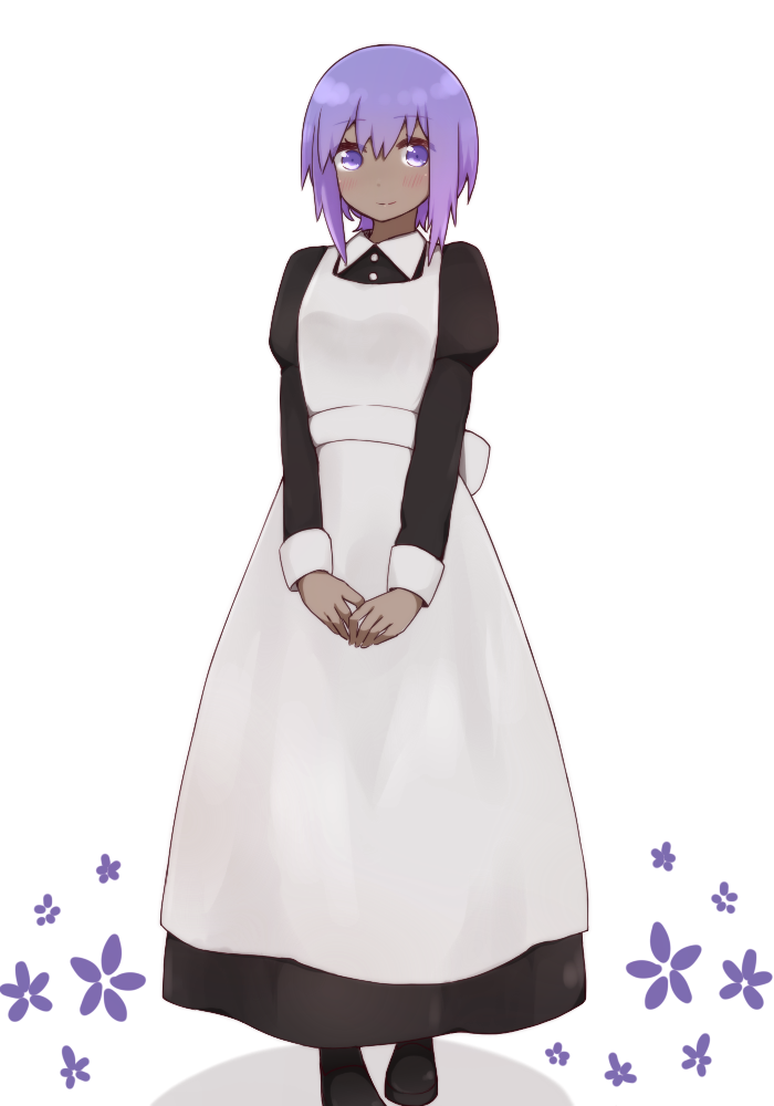 alternate_costume apron bangs black_dress black_footwear closed_mouth collared_dress dark_skin dress eyebrows_visible_through_hair fate/prototype fate/prototype:_fragments_of_blue_and_silver fate_(series) full_body hassan_of_serenity_(fate) i.u.y juliet_sleeves long_sleeves looking_at_viewer own_hands_together puffy_sleeves purple_eyes purple_hair shoes short_hair sidelocks simple_background sleeve_cuffs smile solo standing tareme white_apron white_background wing_collar