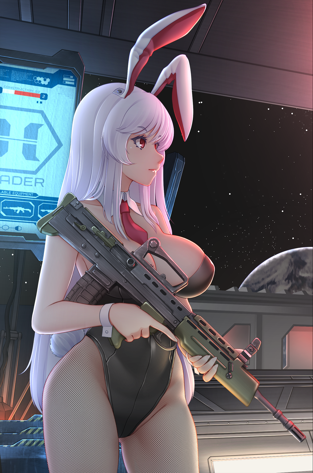 alternate_costume animal_ears assault_rifle bare_arms bare_shoulders black_leotard breasts bunny_ears bunny_girl bunnysuit cleavage collarbone cowboy_shot detached_collar earth eyelashes fishnet_pantyhose fishnets groin gun highres holding holding_gun holding_weapon killing_floor killing_floor_2 l85 large_breasts leotard long_hair mochi_(chain_csn) pantyhose pink_hair red_eyes reisen_udongein_inaba rifle screen solo space standing strapless strapless_leotard touhou trigger_discipline very_long_hair weapon window wing_collar