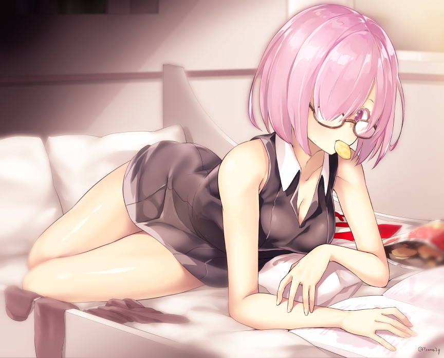 bag_of_chips bare_arms bare_shoulders bed black-framed_eyewear black_dress black_legwear blurry blurry_background book breasts chips cleavage collarbone collared_dress commentary_request depth_of_field dress fate/grand_order fate_(series) fingernails food food_in_mouth glasses hair_over_one_eye indoors lying mash_kyrielight medium_breasts mouth_hold on_bed on_side open_book pantyhose pantyhose_removed pillow pink_hair potato_chips purple_eyes reading short_hair sleeveless sleeveless_dress solo twitter_username tyone