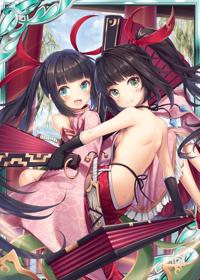 :d akkijin aqua_eyes back bare_shoulders black_hair chinese_clothes fan green_eyes multiple_girls official_art open_mouth ponytail shinkai_no_valkyrie smile