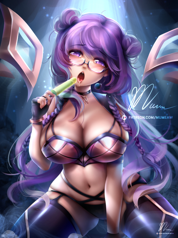 1girl big_breasts black_legwear blush breasts cleavage clothing dark_background eyebrows_visible_through_hair fantasy female food glasses glove ice_cream k/da_kai'sa k/da_series kneeling large_breasts league_of_legends leather long_hair looking_at_viewer meganekko mumeaw navel open_mouth purple_eyes purple_hair self_upload solo thick_thighs thighhighs thighs twintails video_games
