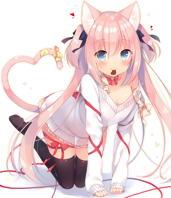 all_fours animal_ears black_legwear blue_eyes bow breasts cat_ears cat_girl cat_tail chocolate chocolate_heart choker cleavage commentary_request dress food_in_mouth hair_bow hair_ribbon heart heart_tail long_hair looking_at_viewer mouth_hold original pink_hair red_bow red_ribbon ribbon ribbon_choker sazaki_ichiri see-through_silhouette simple_background small_breasts smile solo tail tail_bow tail_raised tail_ribbon thigh_bow thigh_ribbon thighhighs two_side_up valentine very_long_hair white_background white_dress yellow_bow yellow_ribbon zettai_ryouiki